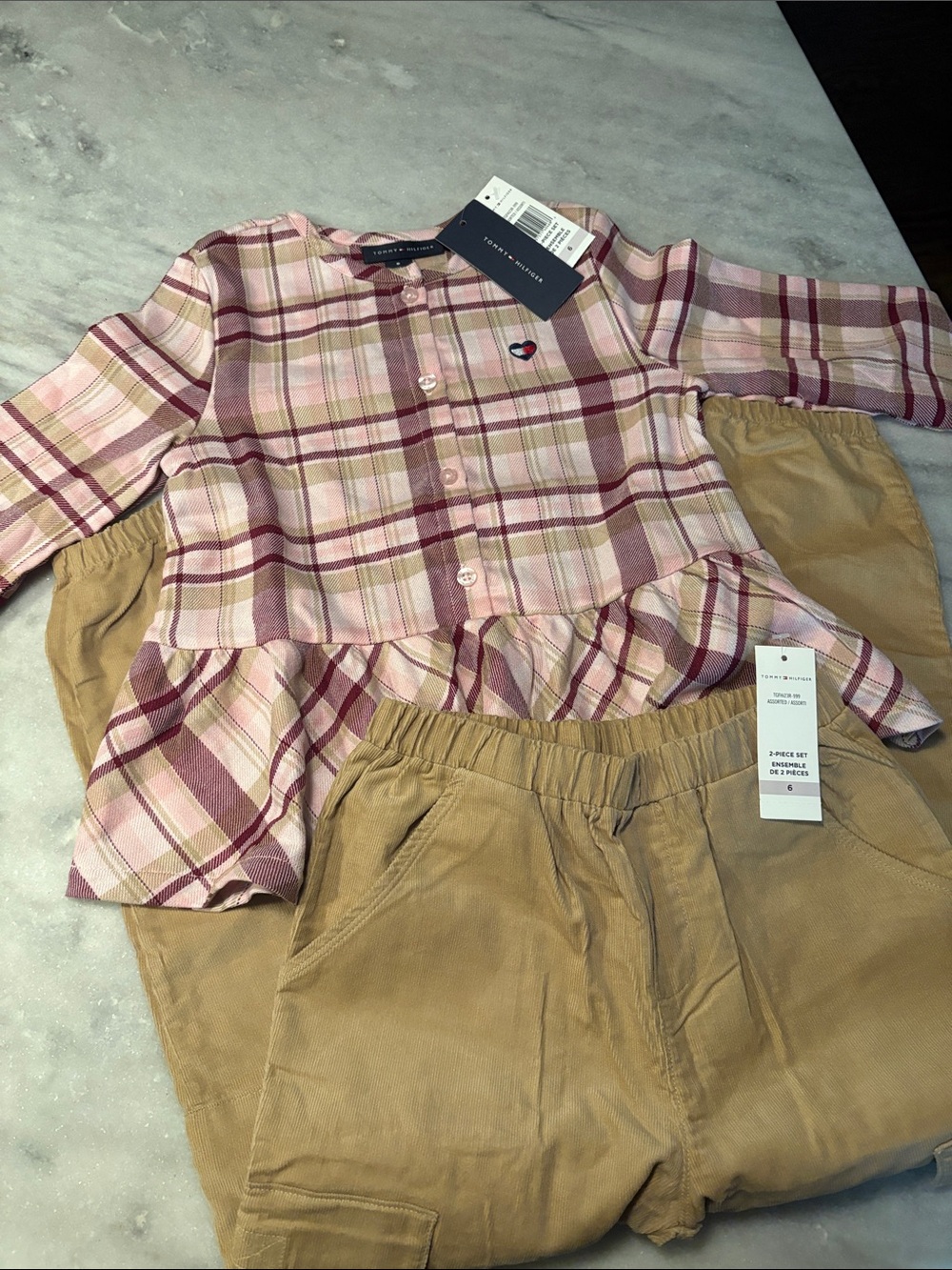 Tommy Hilfiger Pink Plaid Button-Front Top with Tan Pants Set